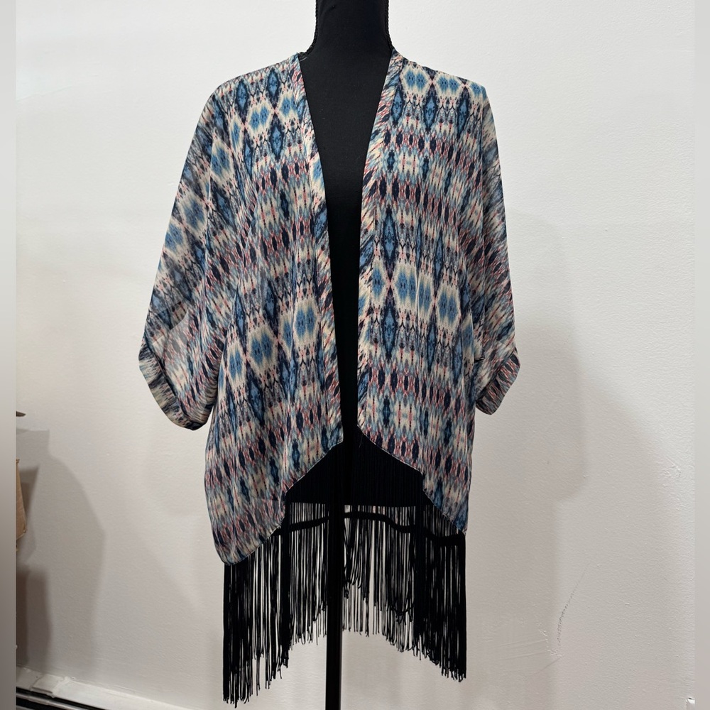 Multicolor Patterned Kimono with Fringe